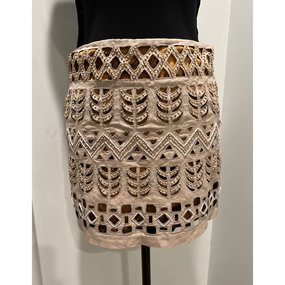 Diane von Furstenberg JUNTA Silk Laser Cut-Out Beaded W/ Leopard Mini Skirt Sz 0 - Picture 2 of 10